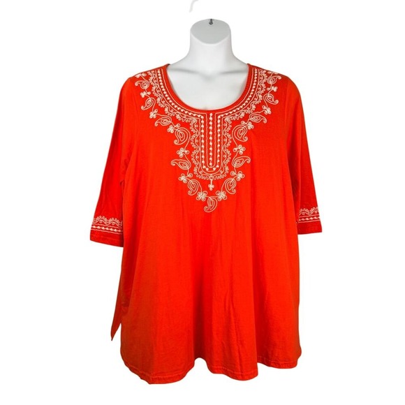 Woman Within Tops - Woman Within Tunic Top Womens 2X 26/28 Red-orange Embroidered‎ 100% Cotton Boho